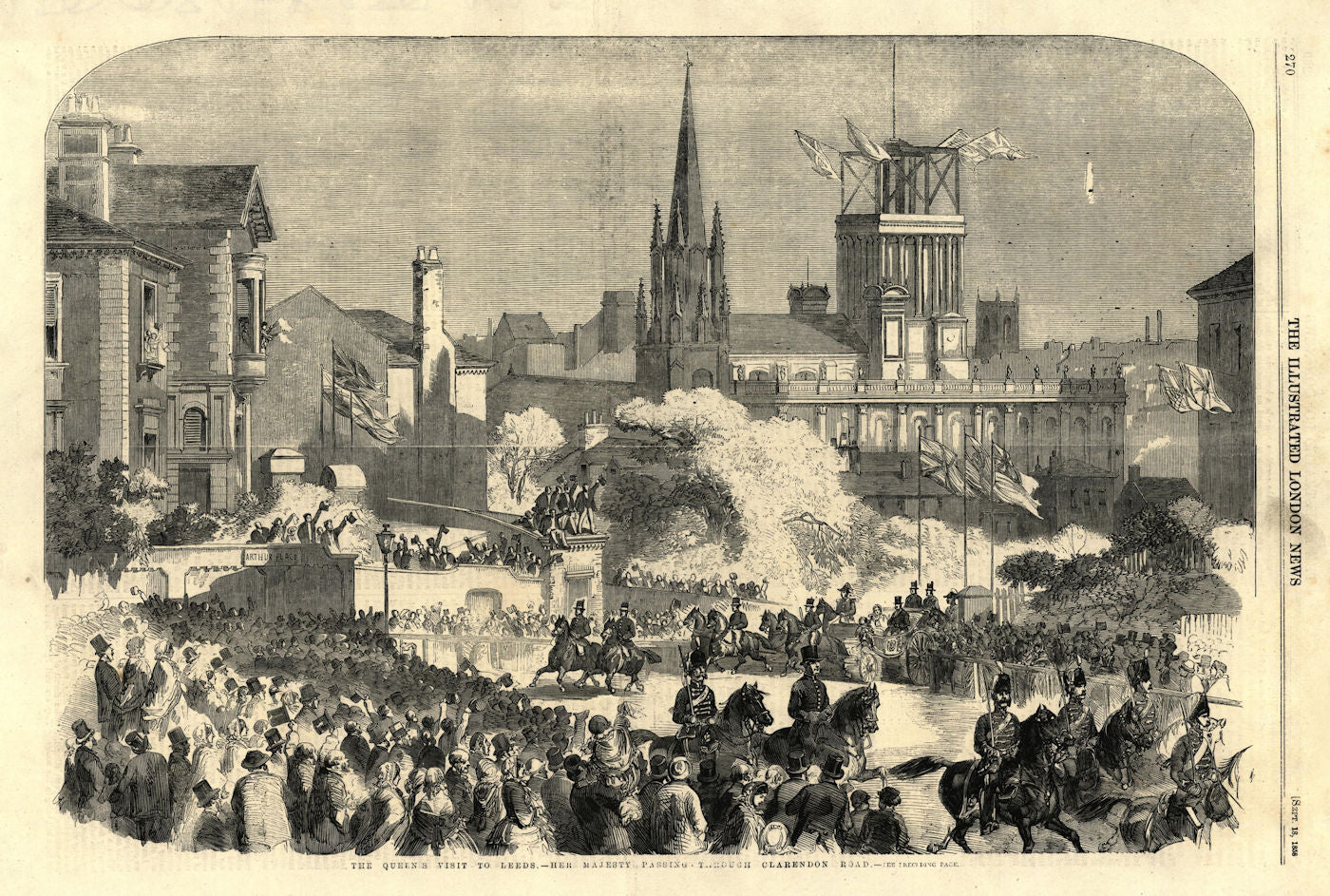 Queen Victoria passing through Clarendon Road, Leeds. Yorkshire 1858 old print